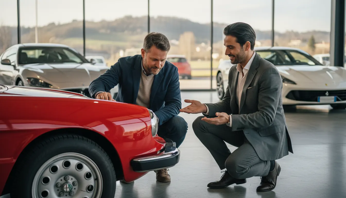 Nederlandse koper bekijkt een Italiaanse occasion bij een dealer in Noord-Italië