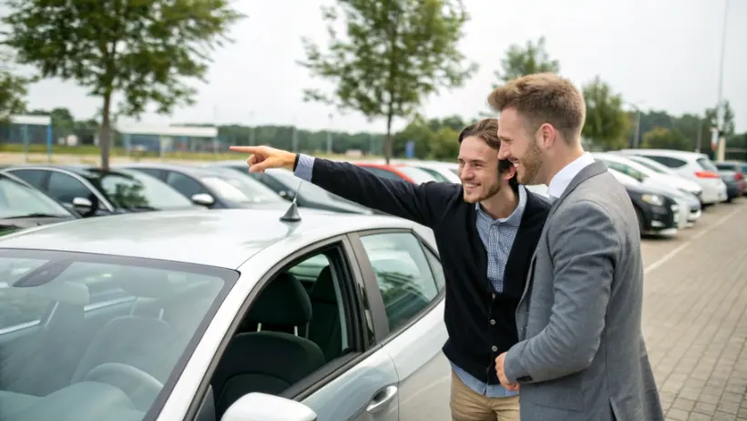 Belgische autohandelaar toont een gebruikte auto aan een Nederlandse koper op een autodealerterrein