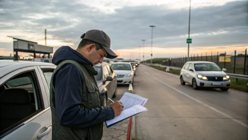 Auto-importeur controleert invoerdocumenten en BPM-papieren bij een grensovergang met geparkeerde voertuigen op de achtergrond