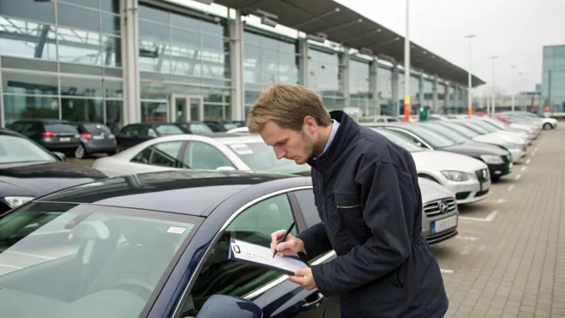Nederlandse koper inspecteert een auto op het terrein van een grote Duitse autohandelaar