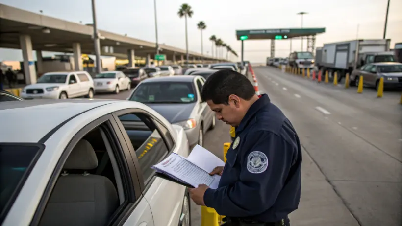 Auto-importeur controleert invoerdocumenten en BPM-papieren bij een grensovergang met een rij geparkeerde voertuigen op de achtergrond