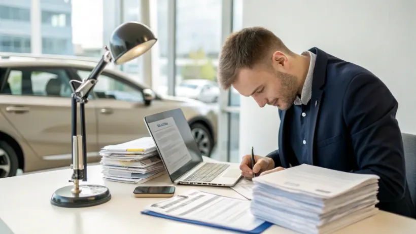 Importeur aan bureau met stapel voertuigdocumenten en laptop bij het invullen van een BPM aangifte