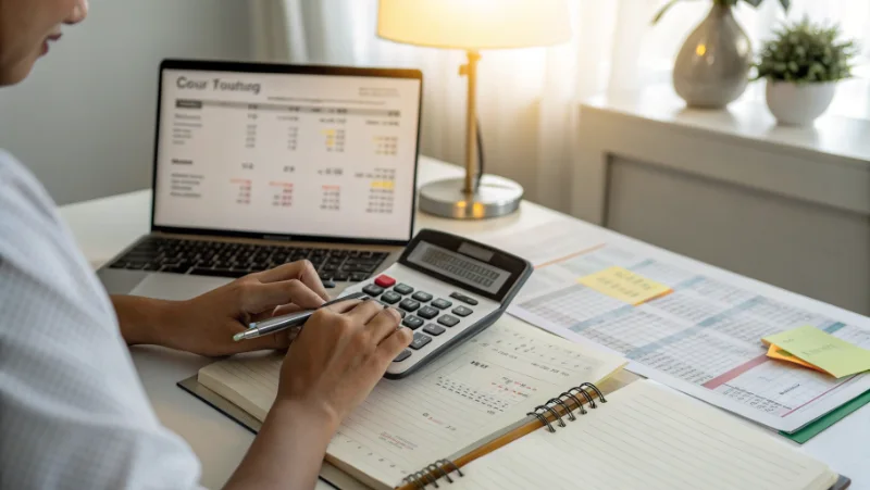 Budget planning met calculator en financiële spreadsheet