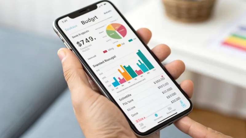 Smartphone met financiële tracking app en budgetoverzicht