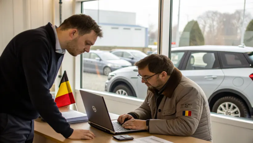 Man rekent importkosten uit op een laptop aan een bureau met een auto zichtbaar op de achtergrond door een raam