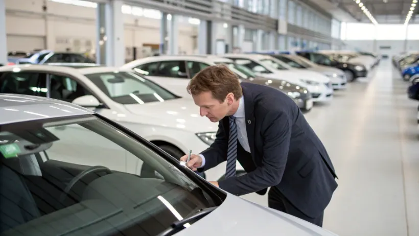Nederlandse koper inspecteert een auto op het terrein van een grote Duitse autohandelaar met meerdere voertuigen op de achtergrond